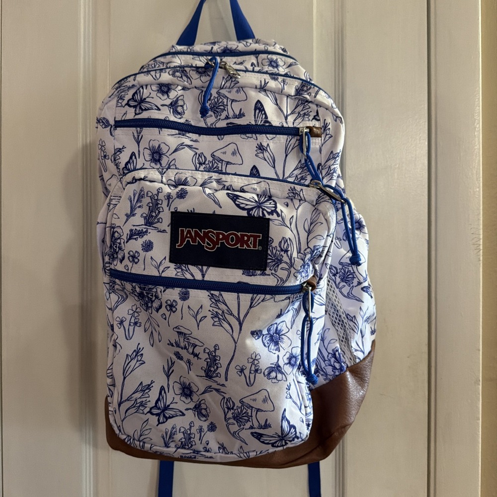 JanSport Cool Student Backpack Butterflies Mushrooms Foraging Finds White & Blue